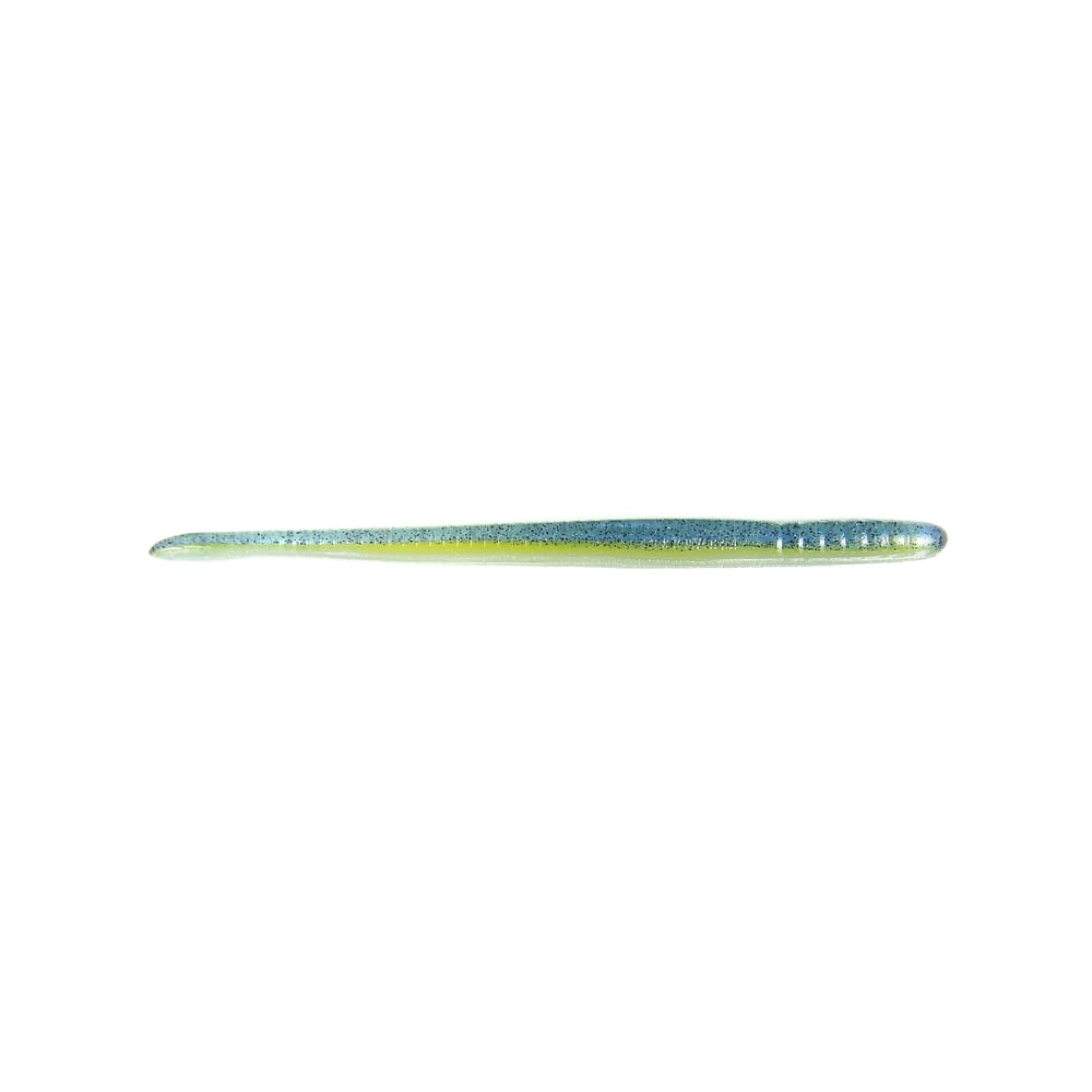 The Roboworm Fat Straight Tail Worms by Roboworm is a slim, elongated fishing lure with Salt Release Technology. It has a green underside and a blue top, featuring a textured surface with tapered ends that resemble plastic worms.