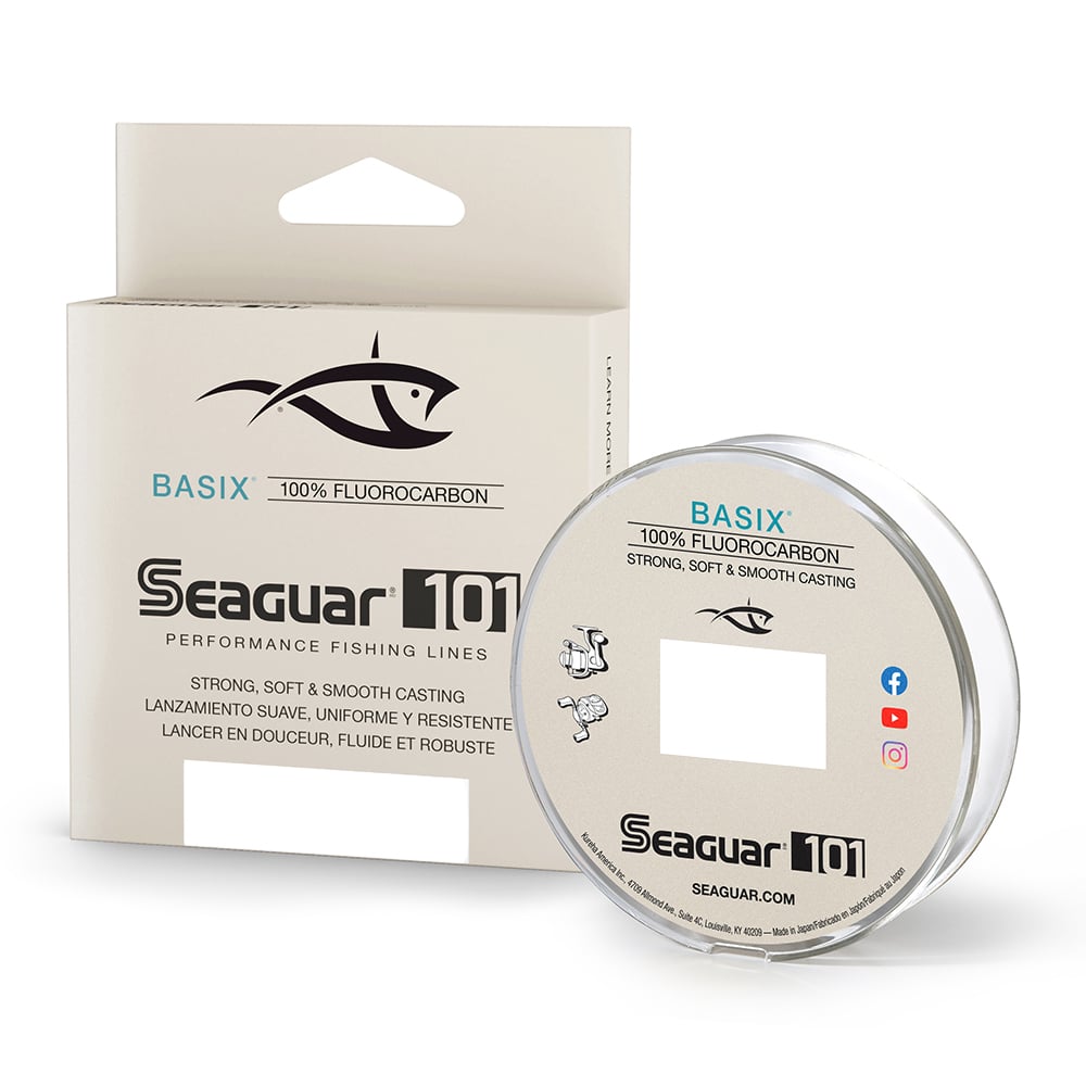 A package and spool of Seaguar BasiX Fluorocarbon Line by Seaguar, highlighted for strong knot strength and smooth casting, with branding and social media icons shown on a white background.