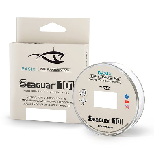 A package and spool of Seaguar BasiX Fluorocarbon Line by Seaguar, highlighted for strong knot strength and smooth casting, with branding and social media icons shown on a white background.