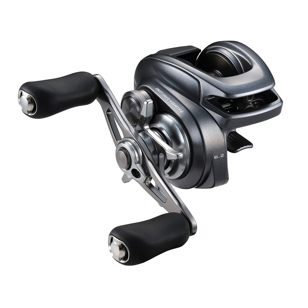 A close-up of the Shimano Bantam 150A Casting Reel | BANTAM150A shows its metallic finish, dual black-grip handles, Infinity Drive technology, and compact, sleek design.