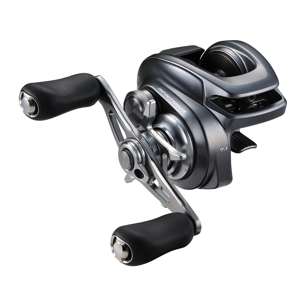 The Shimano Bantam 150HGA Casting Reel by Shimano features a silver and black design, dual black handles, MGL Spool III, and a sleek modern look, shown on a white background.