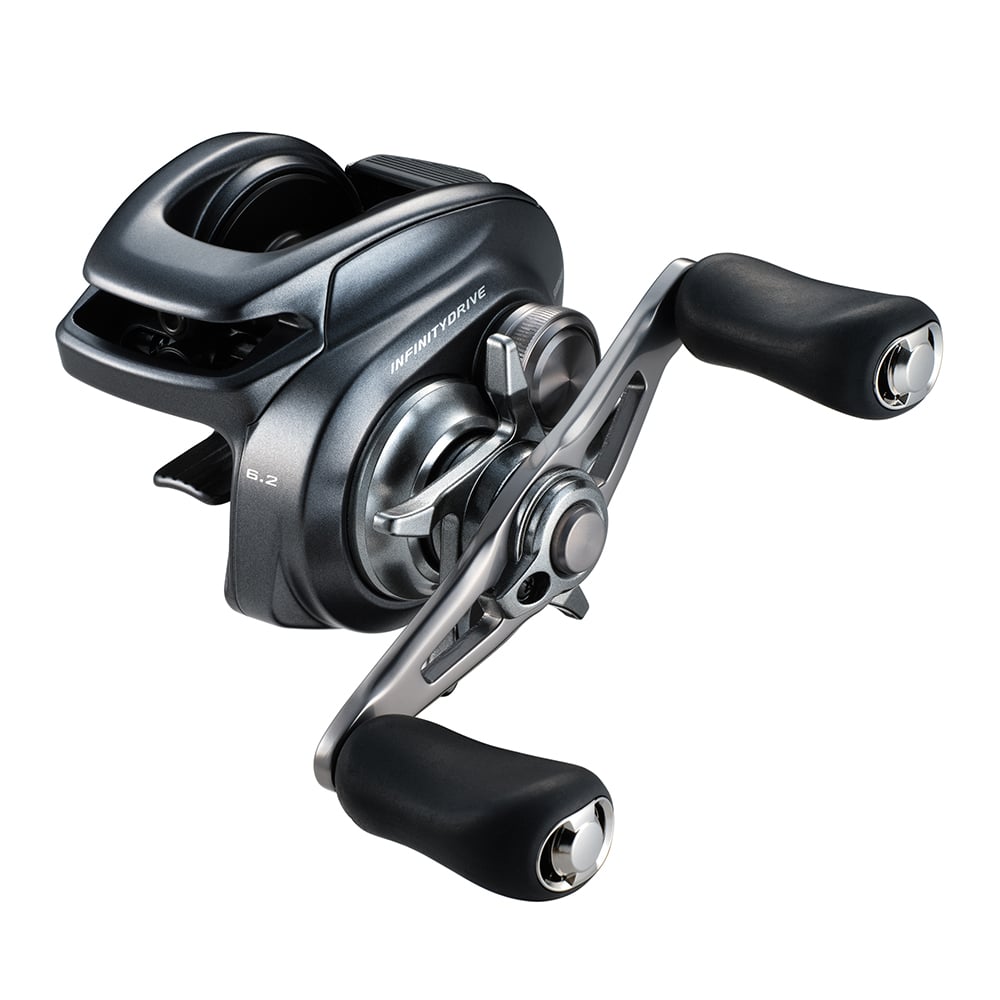 A close-up of the Shimano Bantam 151A Casting Reel highlights its MGL Spool III and Infinity Drive technology. The sleek design, in dark gray and silver tones, features two black handles with "INFINITYDRIVE" visible on the side.