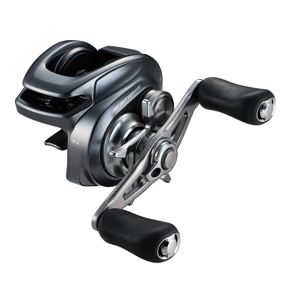 A close-up of the Shimano Bantam 151HGA Casting Reel by Shimano, featuring a metallic body, ergonomic handle with two large grips, and Infinity Drive technology for smooth and efficient casting and retrieval.