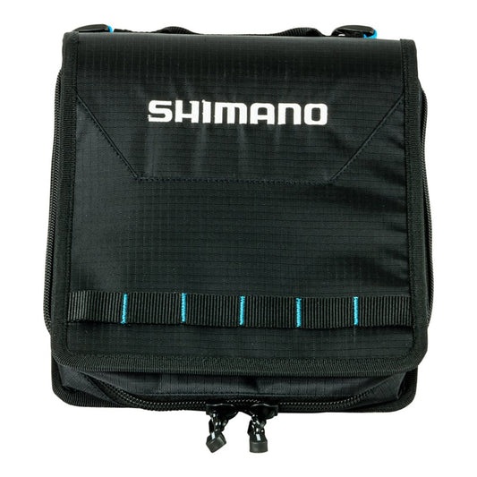 The Shimano Baraja Worm Binders by Shimano is a black carrying case with blue stitching, a white logo, flap closure, zipper pulls, and front webbing loops—perfect for organizing fishing tackle or soft plastics.