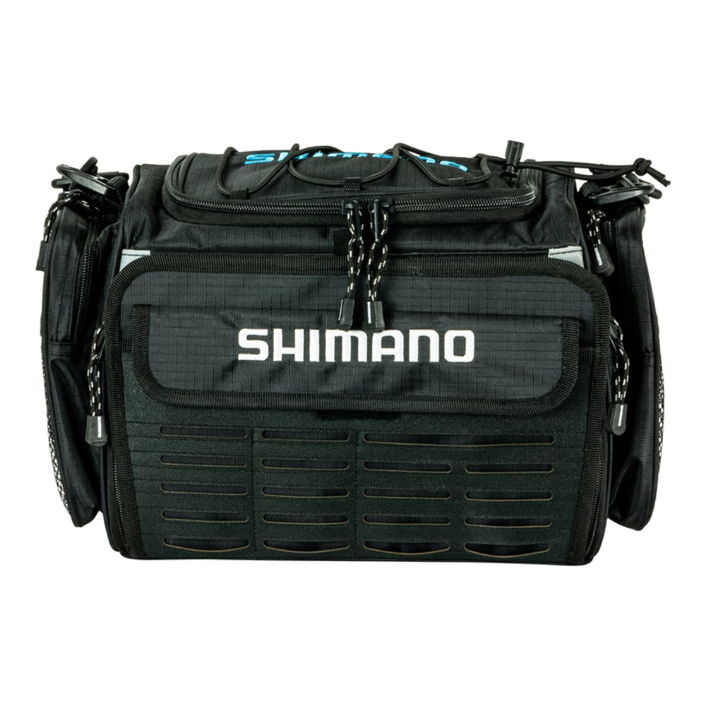 The Shimano Borona Tackle Bag by Shimano features multiple zippered compartments, side pockets, adjustable straps, durable TPU zippers, and a bold white Shimano logo on the front pocket for secure tackle organization.