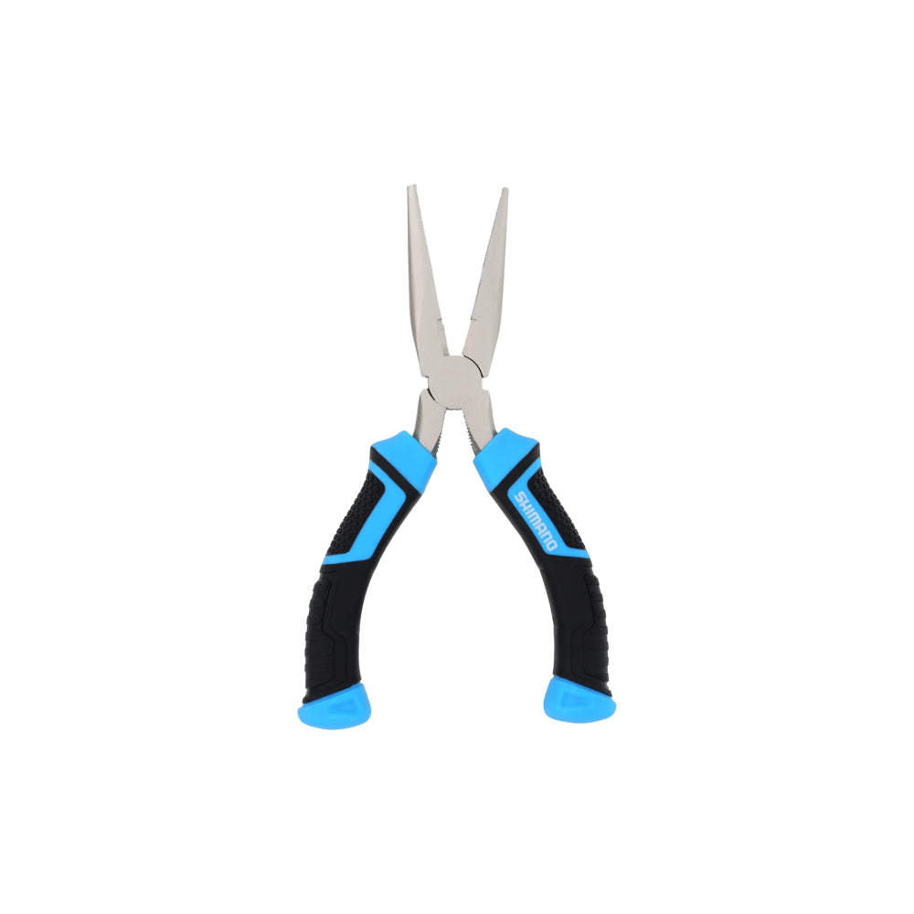 The Shimano Brutas Needle Nose Pliers by American Legacy Fishing are made from corrosion-resistant carbon steel and feature blue and black rubber handles, shown upright on a white background.
