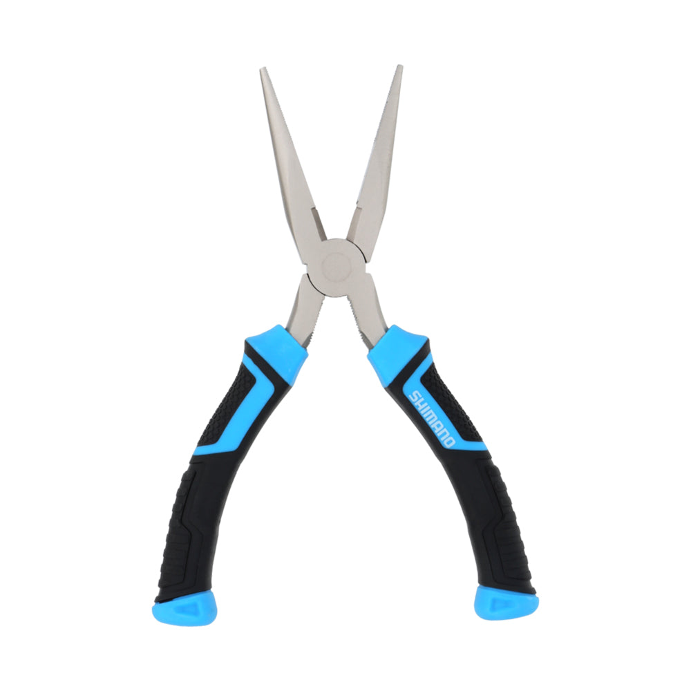 Shimano Brutas Needle Nose Pliers by American Legacy Fishing, featuring corrosion resistance, blue and black rubber grips, and ideal for fishing tackle, isolated on a white background.
