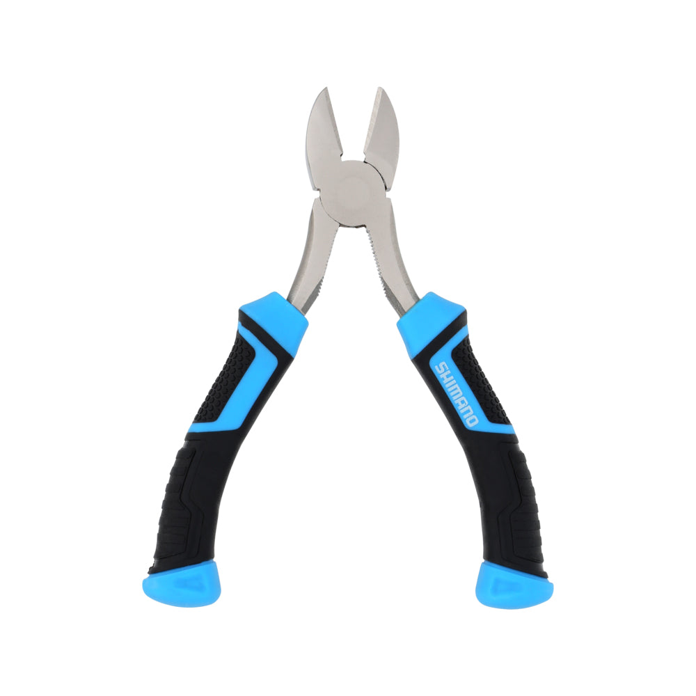 A pair of Shimano Brutas Cutters by Shimano, featuring blue and black rubberized handles and corrosion-resistant carbon steel blades, displayed against a white background.