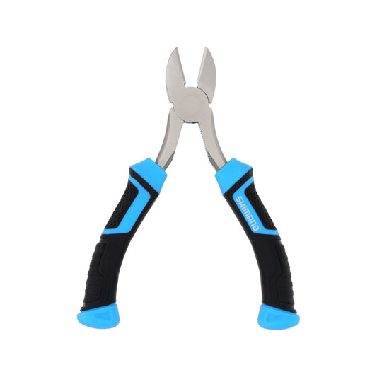 A pair of Shimano Brutas Cutters by Shimano, featuring blue and black rubberized handles and corrosion-resistant carbon steel blades, displayed against a white background.