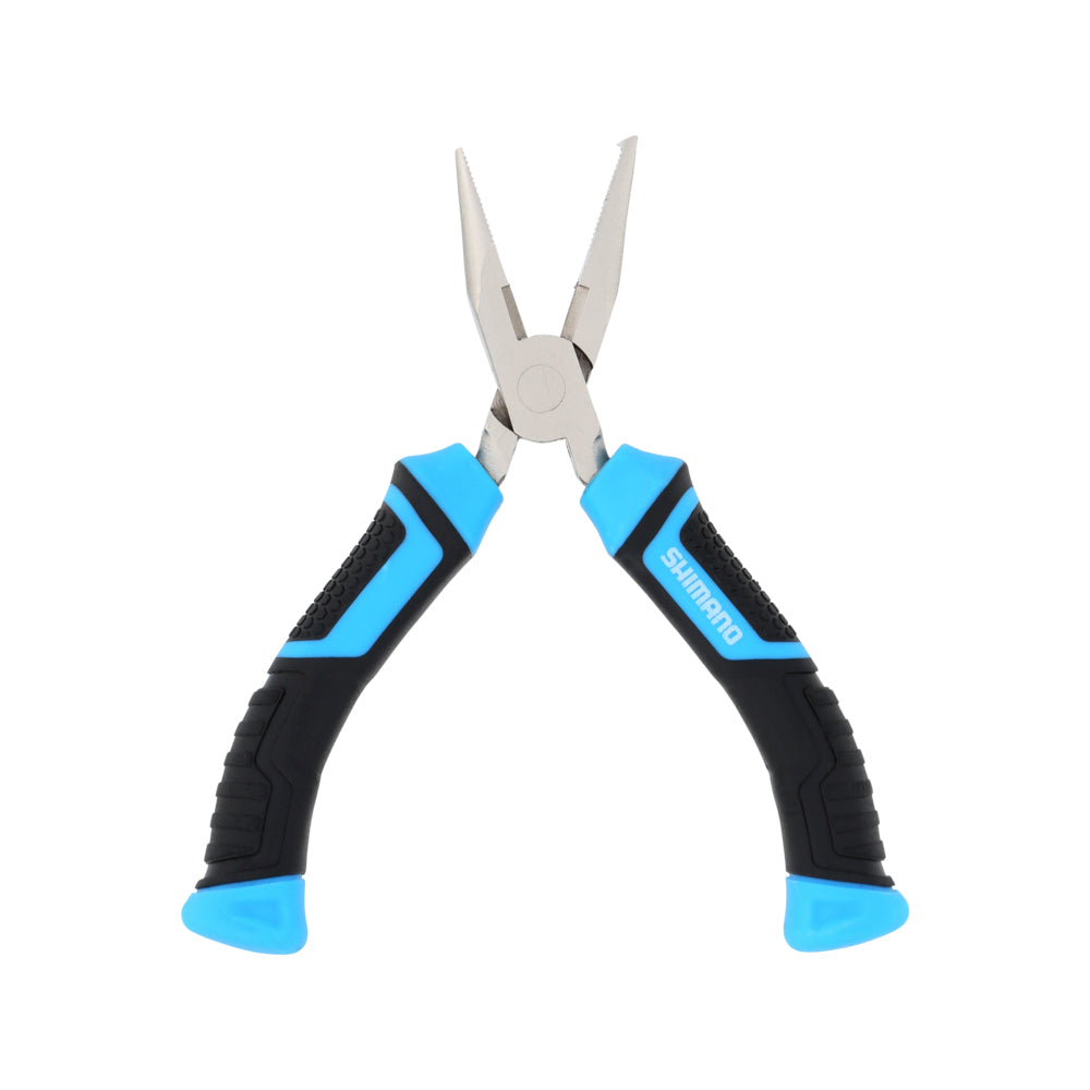 Shimano Brutas Split Ring Pliers feature narrow, pointed jaws, corrosion-resistant construction, and black and blue textured grips with "Shimano" printed on one handle—perfect for fishing tackle.