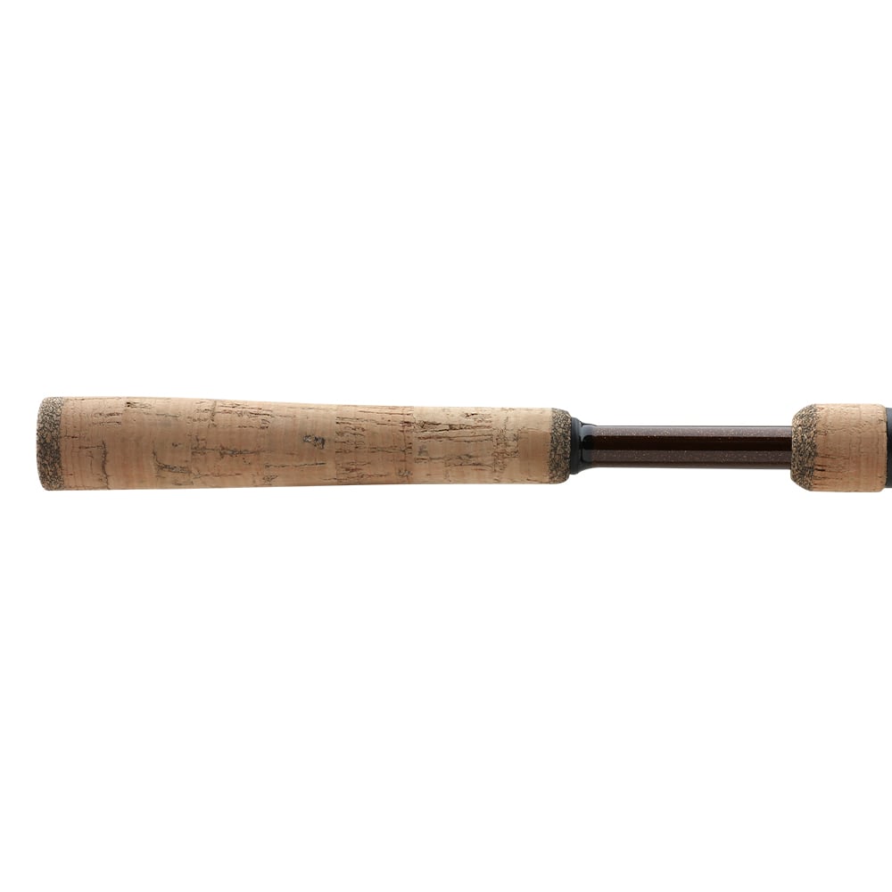 A close-up of the Shimano Clarus F Spinning Rod 6'6" Medium 2 Piece (CSS66M2F) handle, featuring a cork grip and black reel seat—ideal for versatile anglers, shown isolated on a white background.