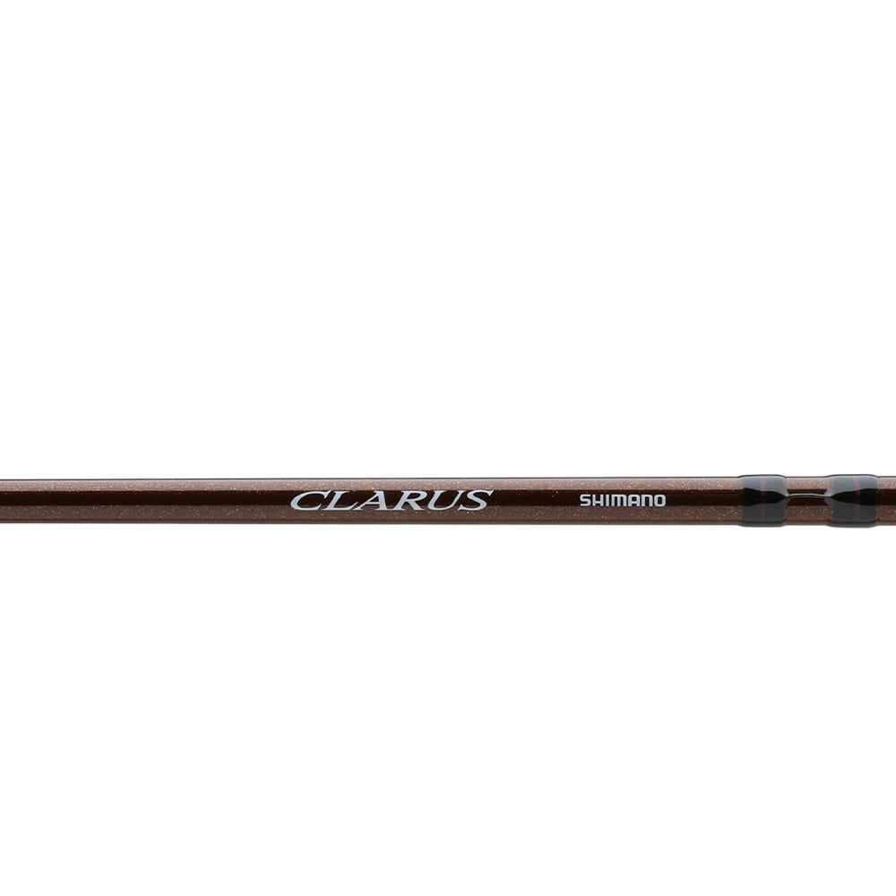 Close-up of a Shimano Clarus F Spinning Rod 7'0" Medium Light (CSS70MLF) by Shimano, featuring "CLARUS" and "SHIMANO" printed in white on the medium light blank.
