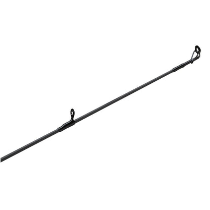 A close-up view of the Shimano Clarus F Spinning Rod 6'6" Medium Heavy (CSS66MHF) highlights its sleek black shaft and multiple line guides—ideal for anglers wanting a quality medium heavy rod from Shimano.