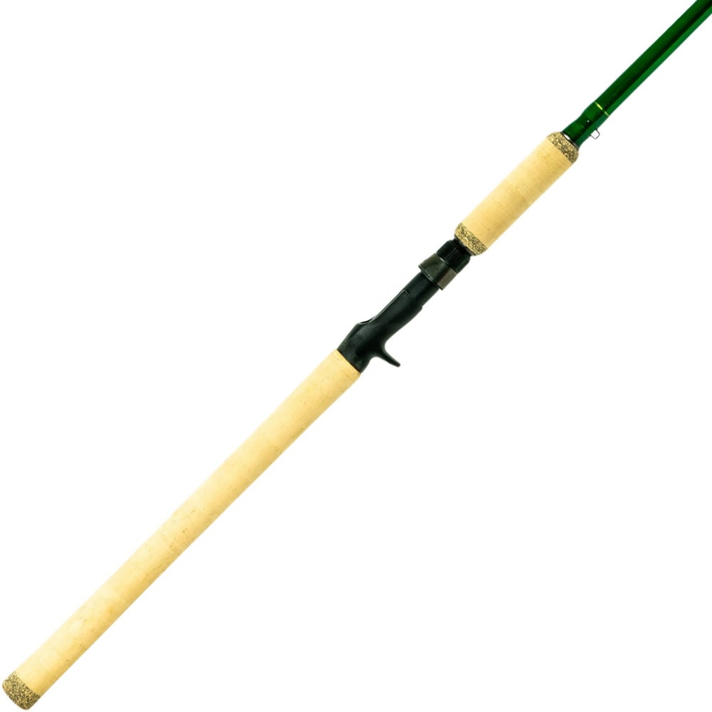 The Shimano Compre Muskie Casting Rod 8'0" Heavy (CPCM80HJ) by Shimano features a long cork handle, green shaft, and black reel seat, shown isolated on a white background.