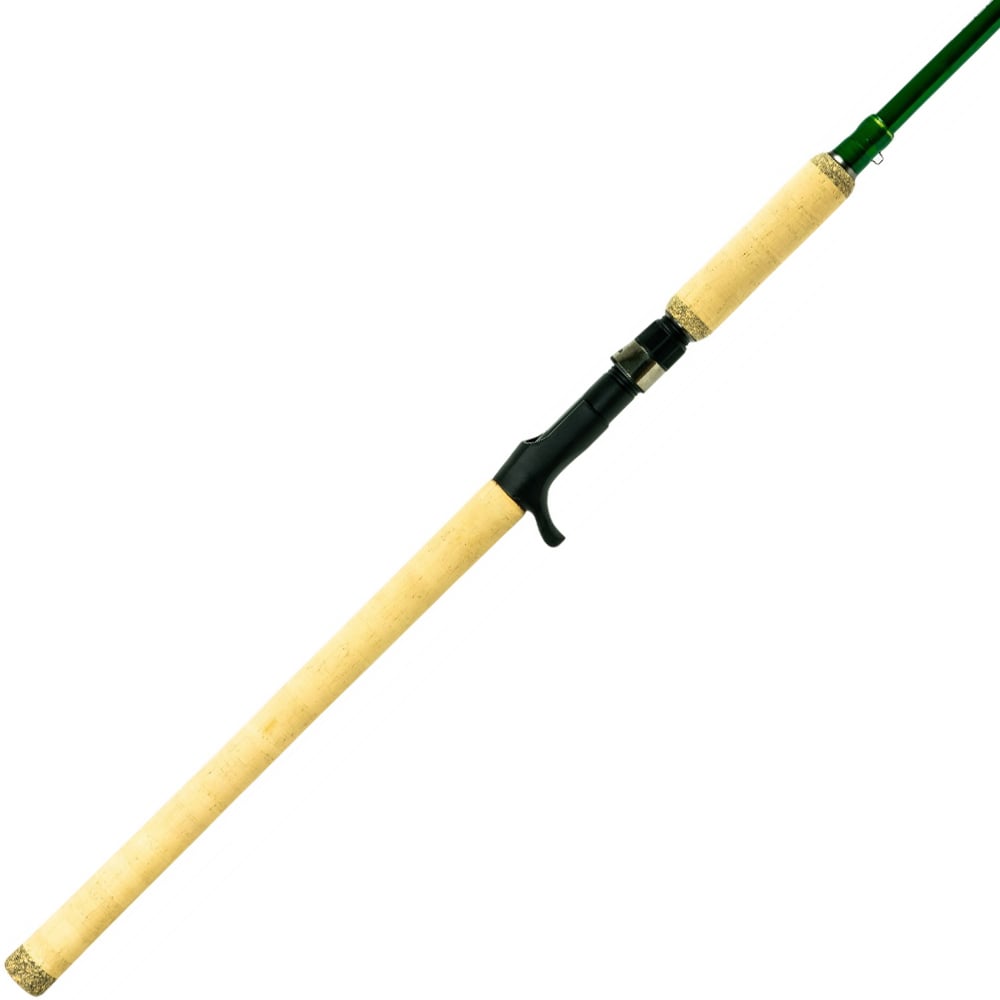 The Shimano Compre Muskie Telescopic Casting Rod 9'0" Heavy (CPCM90HTJ) by Shimano, featuring cork handles and a black reel seat, is displayed diagonally on a white background.