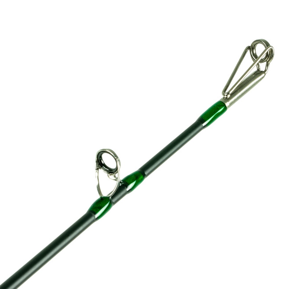 Close-up of the tip of the Shimano Compre Muskie Casting Rod 8'0" Heavy (CPCM80HJ) by Shimano, featuring metal line guides and green accents on a black rod, isolated on a white background.
