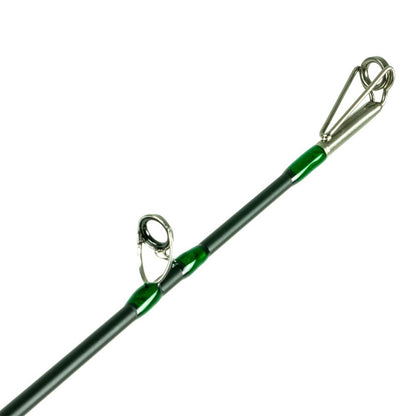 Close-up of the Shimano Compre Muskie Telescopic Casting Rod 8'6" Extra Heavy (CPCM86XHTJ) tip, displaying two guides and green-accented eyelet—ideal for serious muskie anglers.
