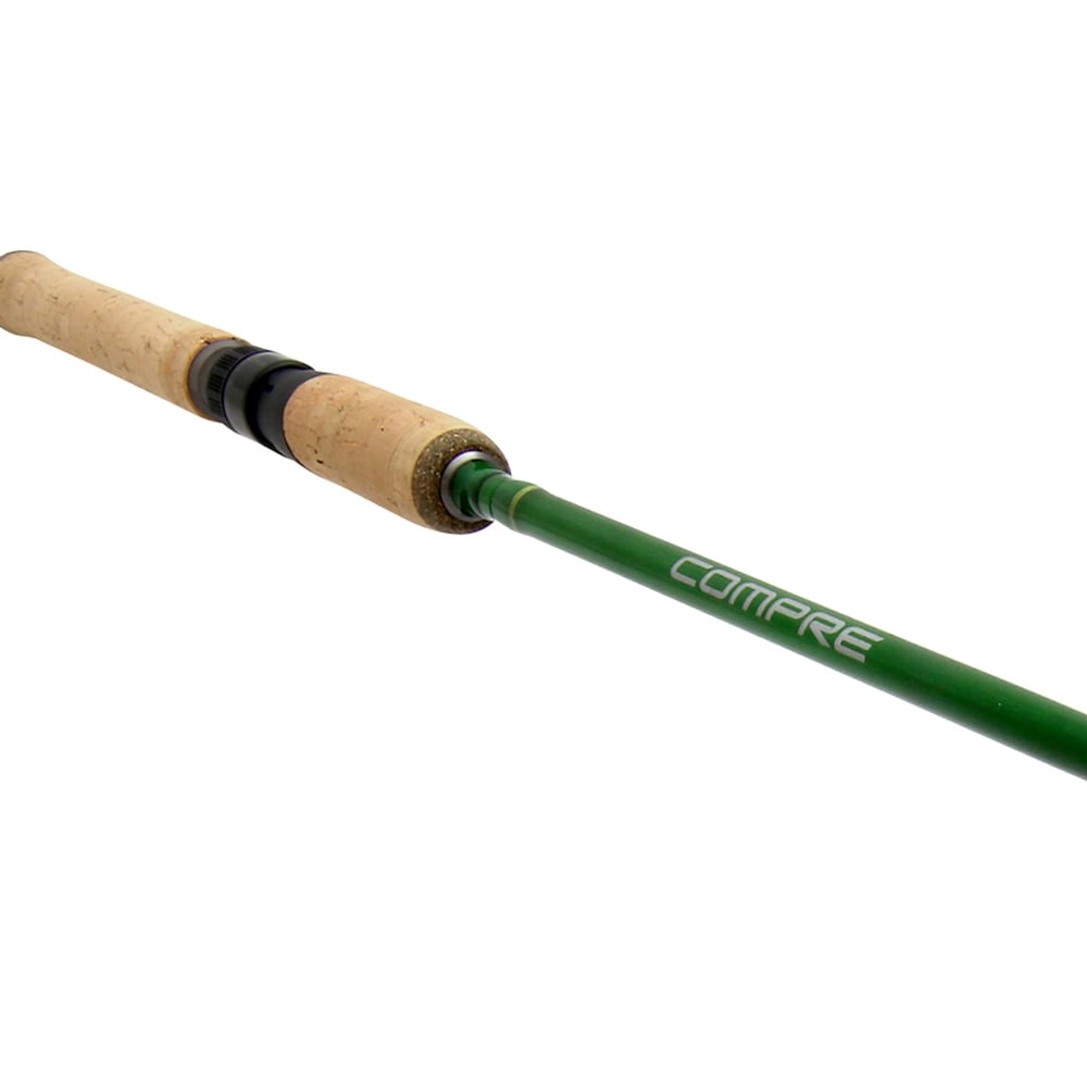 The Shimano Compre Walleye Trolling Rod 8'3" Medium (CPCWTR83MMD) features a green finish, cork handle, Fuji reel seat, and "COMPRE" printed on the rod shaft.