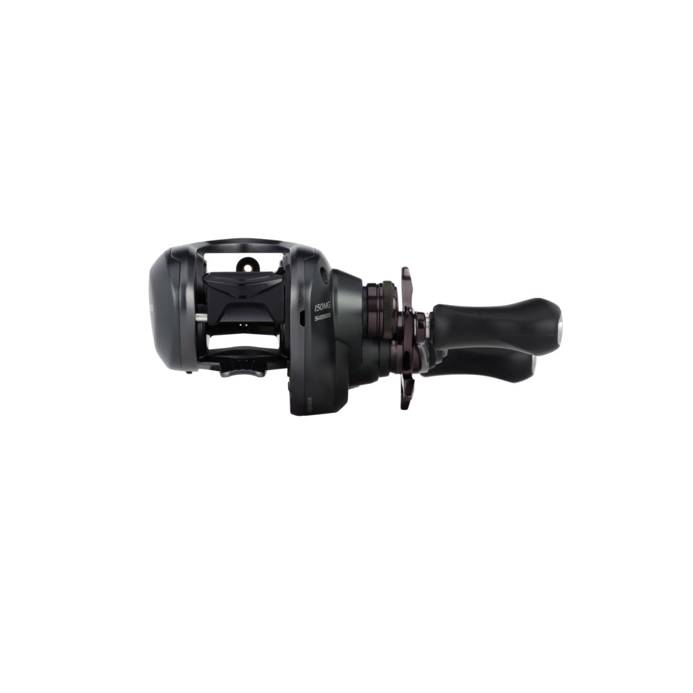The Shimano Curado 150M Casting Reel 6.2:1 RH (CU150MGM) by Shimano is shown in black with a compact design, dual handles, and a visible spool against a white background—ideal for performance-focused bass anglers.
