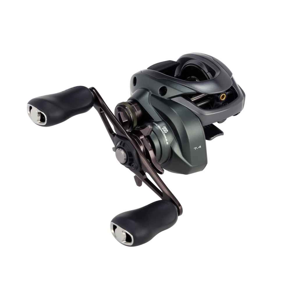 A close-up of the Shimano Curado 150M Casting Reel 7.4:1 RH (CU150HGM) by Shimano, featuring dual handle grips and a metallic gray body, ideal for bass fishing, displayed on a white background.