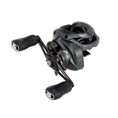 A close-up of the Shimano Curado 150M Casting Reel 7.4:1 RH (CU150HGM) by Shimano, featuring dual handle grips and a metallic gray body, ideal for bass fishing, displayed on a white background.
