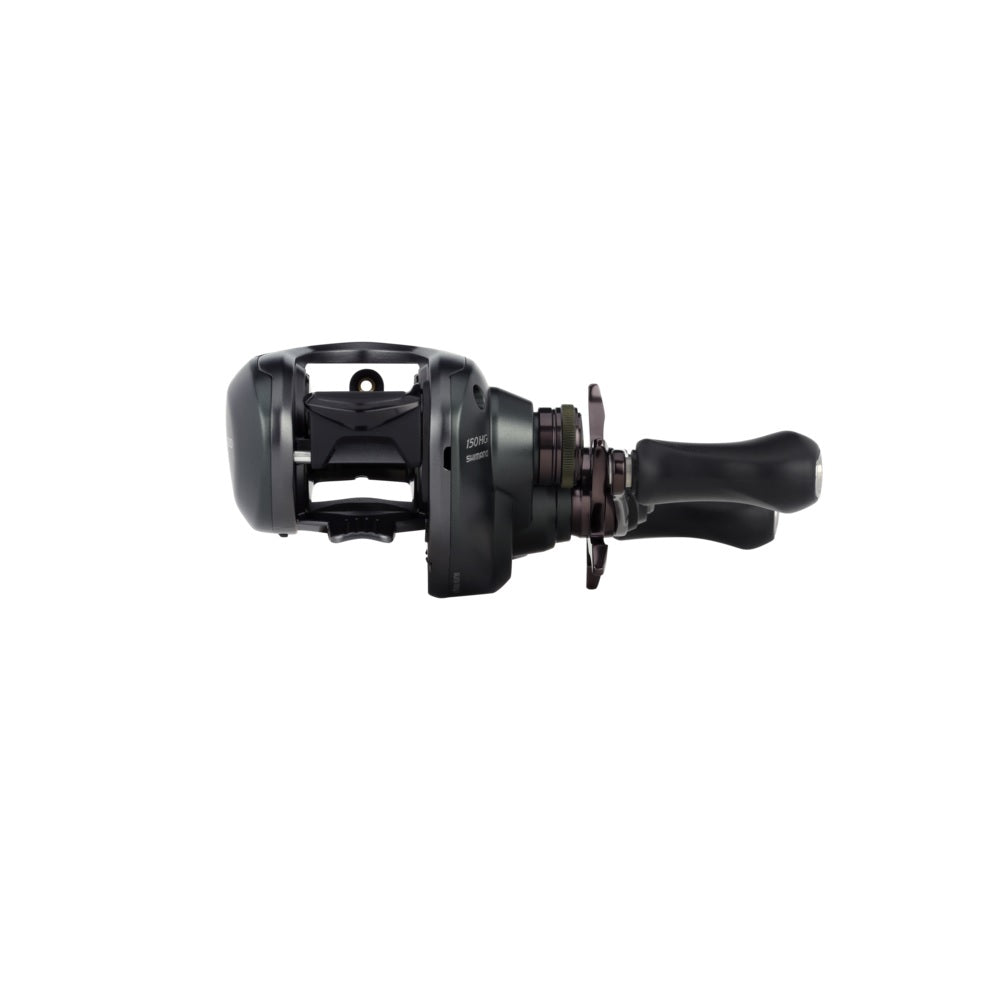 The Shimano Curado 150M Casting Reel 7.4:1 RH (CU150HGM) by Shimano features a compact black design with visible handle and spool, set against a white background—ideal for bass fishing fans.