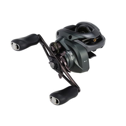 The Shimano Curado 150M Casting Reel 8.1:1 RH (CU150XGM) features a sleek black design with ergonomic dual handles, metal frame and spool, visible adjustment knobs, and is engineered for precision bass fishing.
