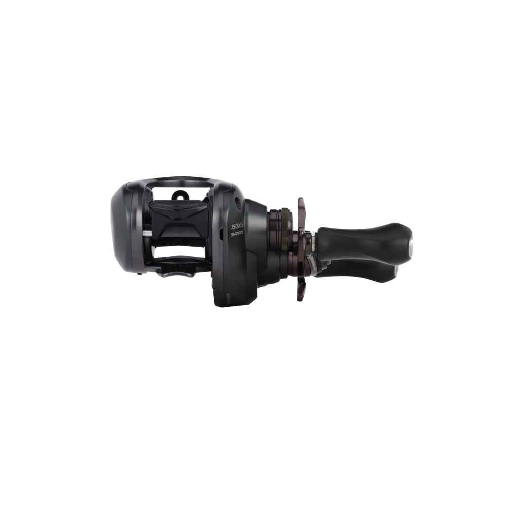 A Shimano Curado 150M Casting Reel 8.1:1 RH (CU150XGM) in black with a large ergonomic handle, shown from the side on a white background—perfect for bass fishing enthusiasts.