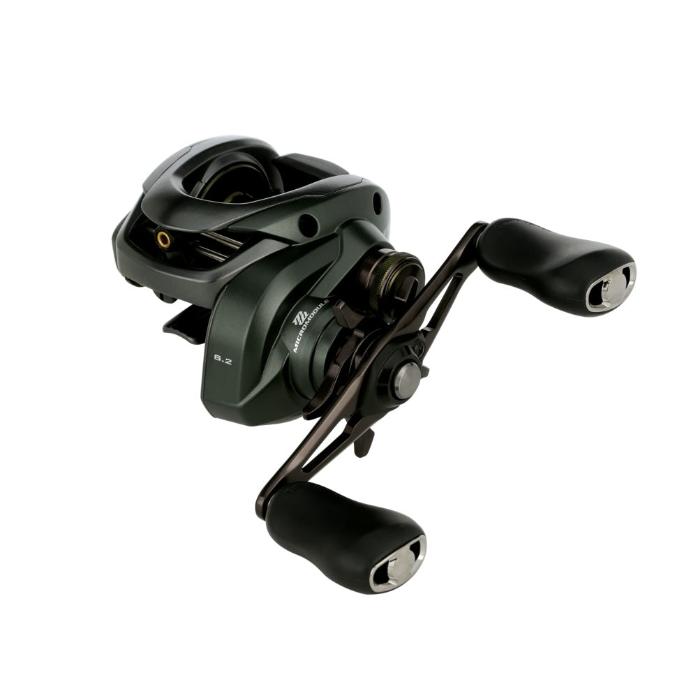 A close-up of the Shimano Curado 150M Casting Reel 6.2:1 LH (CU151MGM), featuring a black and metallic finish with two ergonomic handles, designed for bass anglers by Shimano, isolated on a white background.