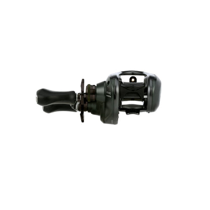 The Shimano Curado 150M Casting Reel 6.2:1 LH (CU151MGM) by Shimano features a crank handle and sleek black design, shown side view on white—renowned among bass anglers for its smooth, reliable performance.