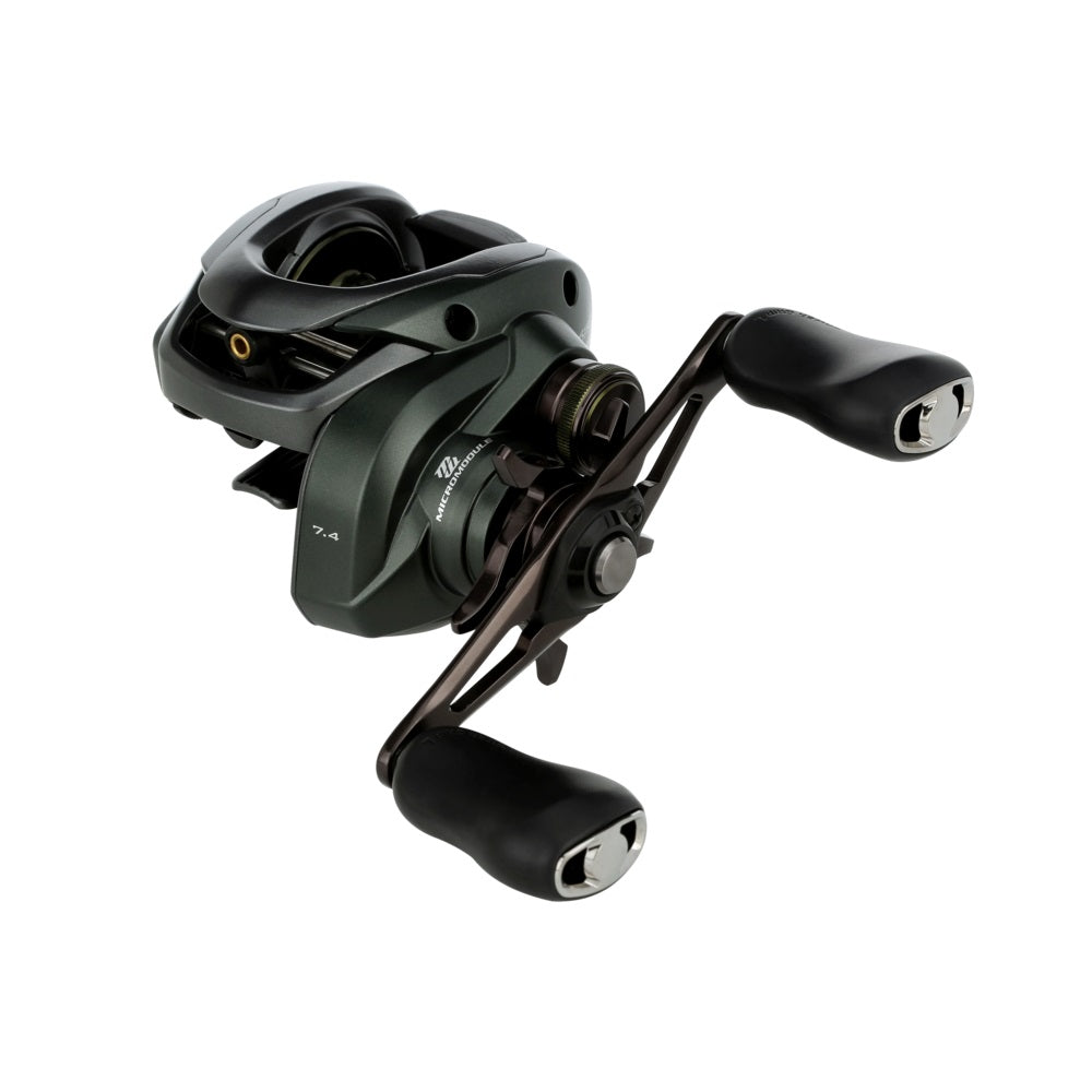 The Shimano Curado 150M Casting Reel 7.4:1 LH (CU151HGM) features a sleek black and green design with dual handles, ideal for bass fishing, by Shimano, displayed on a white background.