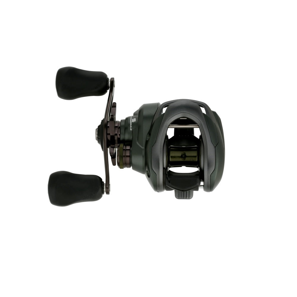 A Shimano Curado 150M Casting Reel 7.4:1 LH (CU151HGM) in black and dark green with two ergonomic handles, designed for bass fishing, shown from above on a plain white background.