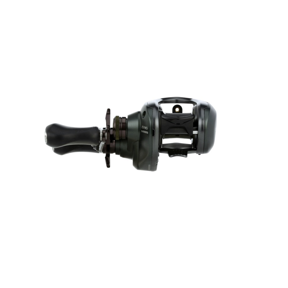A Shimano Curado 150M Casting Reel 7.4:1 LH (CU151HGM) in black with a left-side handle, photographed horizontally on a white background—ideal for bass fishing.