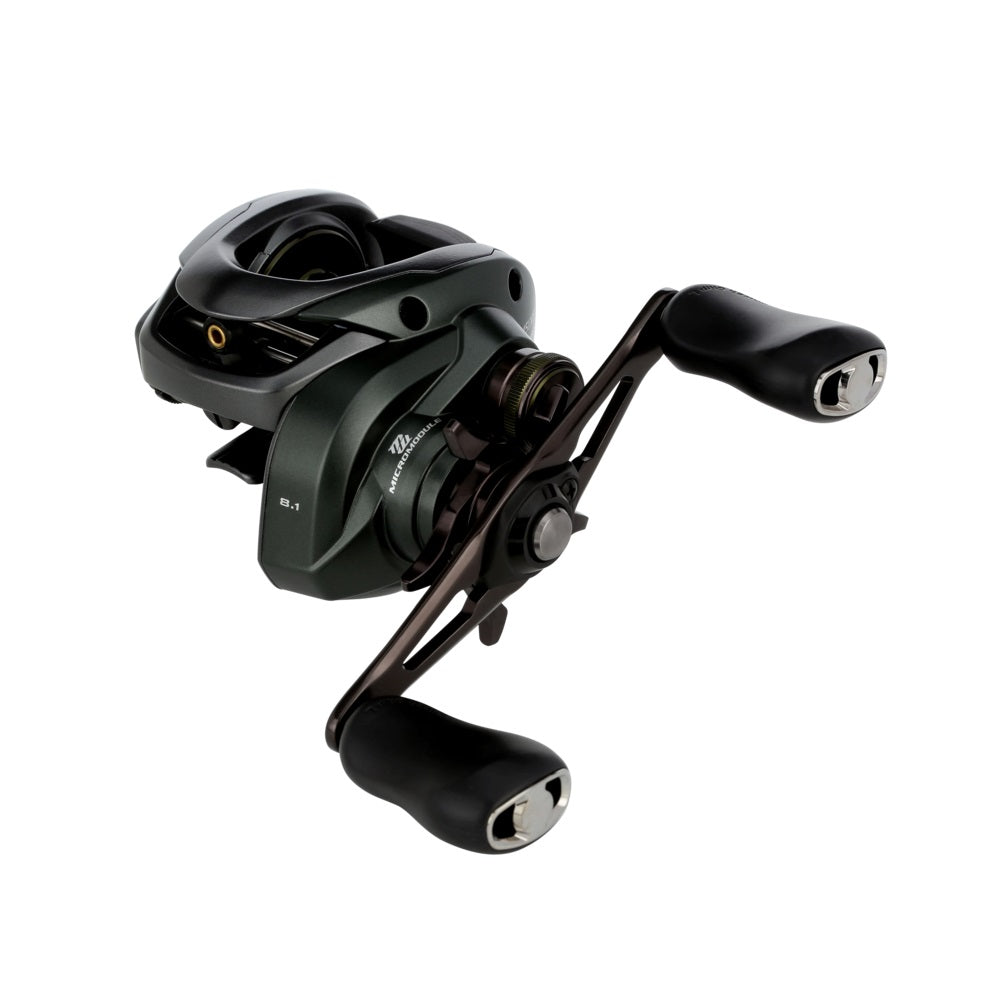 The Shimano Curado 150M Casting Reel 8.1:1 LH (CU151XGM) in black and dark green, with dual handle grips and SVS Infinity braking, is shown on a white background. Brand: Shimano.