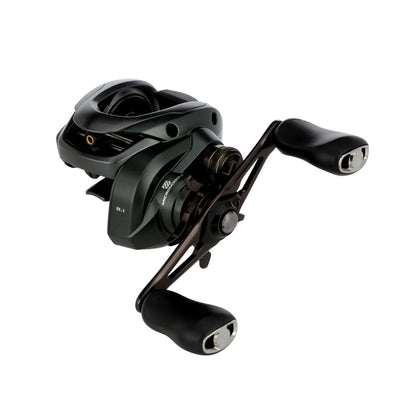 The Shimano Curado 150M Casting Reel 8.1:1 LH (CU151XGM) in black and dark green, with dual handle grips and SVS Infinity braking, is shown on a white background. Brand: Shimano.