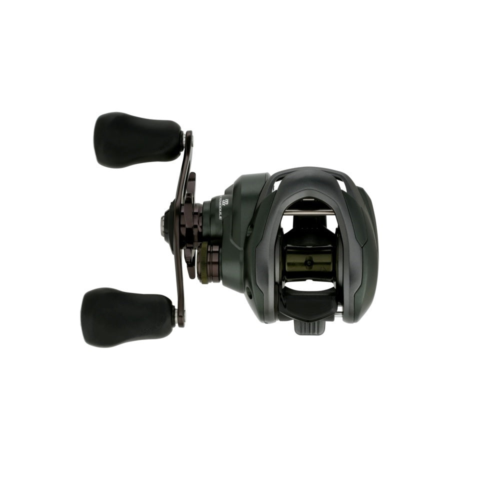 A top view of the Shimano Curado 150M Casting Reel 8.1:1 LH (CU151XGM) by Shimano, with dual rubberized handles and SVS Infinity braking system, displayed against a white background.