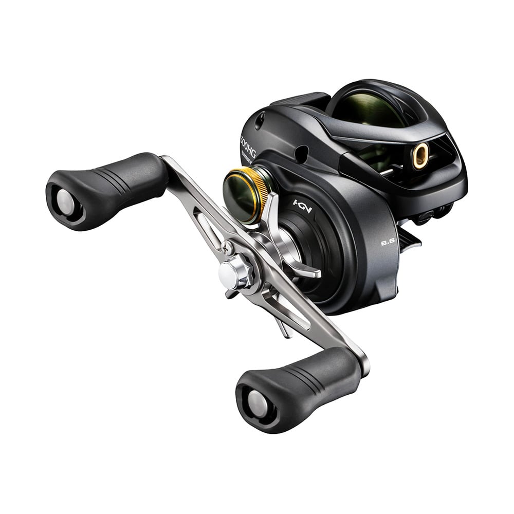 The Shimano Curado 300K CU300K casting reel features a black and silver design with dual handles, a gold-tone spool, 4.7:1 gear ratio, and a compact build—shown on a white background.