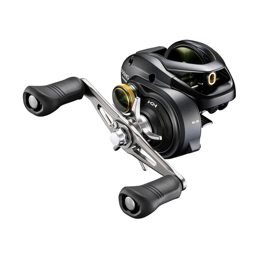 The Shimano Curado 300K CU300K casting reel features a black and silver design with dual handles, a gold-tone spool, 4.7:1 gear ratio, and a compact build—shown on a white background.