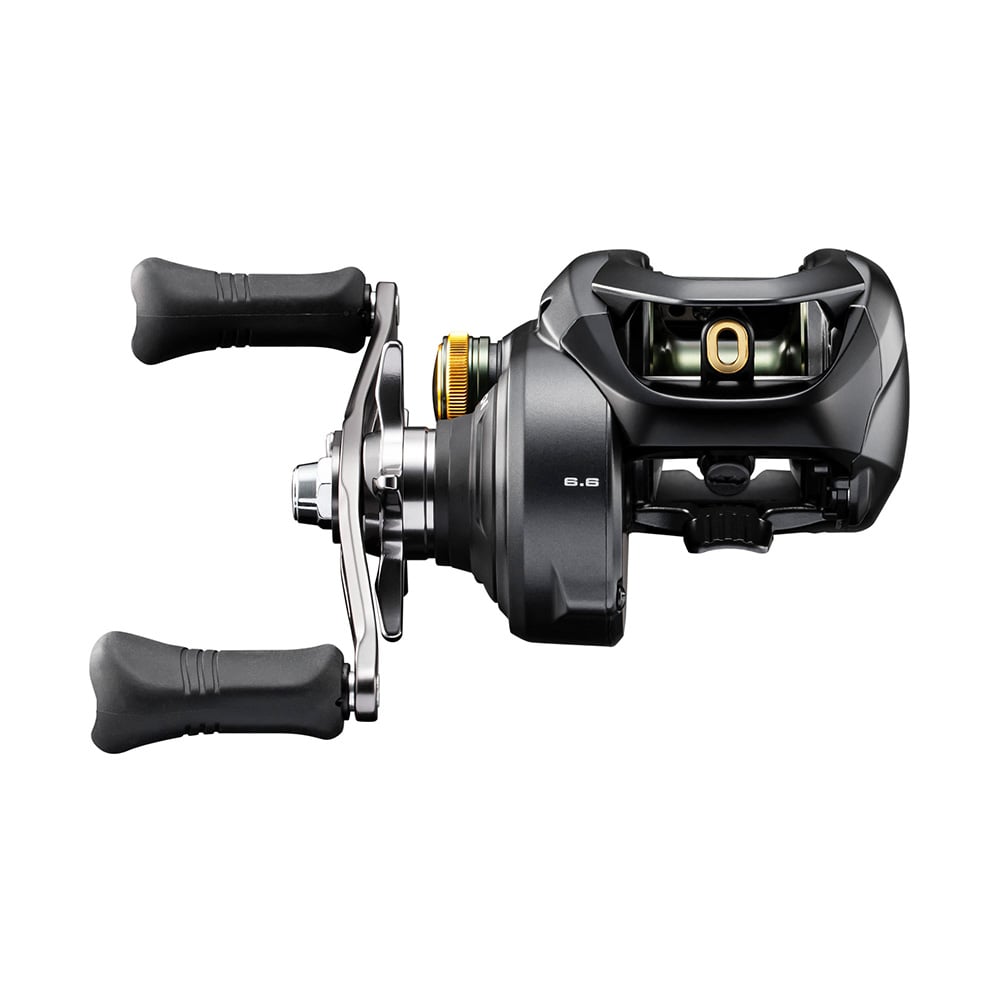 The Shimano Curado 300K CU300K casting reel by Shimano features a black and silver finish, dual handles, and a visible spool, shown from the side against a white background.