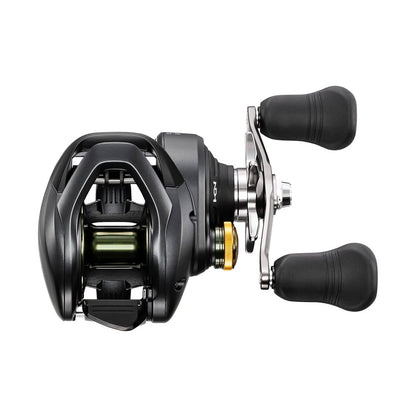 A top-down view of the Shimano Curado 300HGK 6.6:1 Casting Reel by Shimano, featuring a black finish, metal handle with two ergonomic rubber grips, visible spool, and adjustment knob on a plain white background.