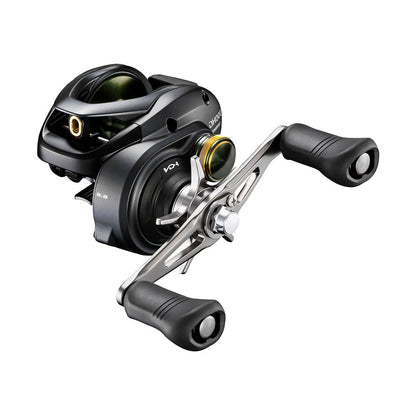 The Shimano Curado 301HGK 6.6:1 Left Hand Casting Reel (CU301HGK) by Shimano features a black and silver ergonomic design, dual handles, gold accent near the spool, and is shown on a white background.