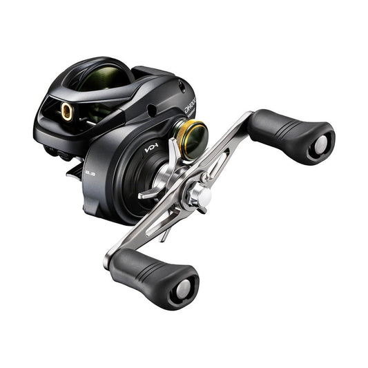 The Shimano Curado 301HGK 6.6:1 Left Hand Casting Reel (CU301HGK) by Shimano features a black and silver ergonomic design, dual handles, gold accent near the spool, and is shown on a white background.