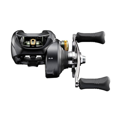 A close-up of the Shimano Curado 301K 4.7:1 Left Hand Casting Reel (CU301K) by Shimano, showcasing its HAGANE Body, dual ergonomic handles, and gold accent, isolated on a white background.