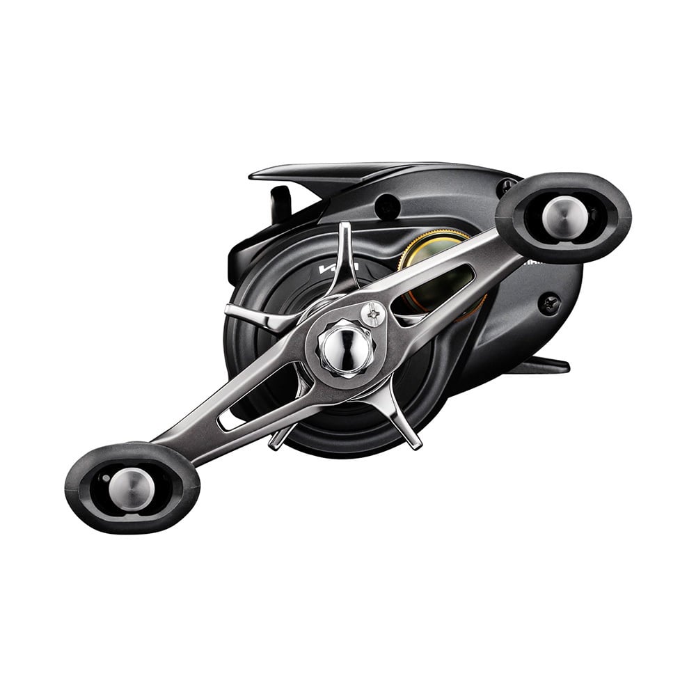 The Shimano Curado 301HGK 6.6:1 Left Hand Casting Reel (CU301HGK) by Shimano features a black and silver, modern design with dual handle grips and appears against a white background.