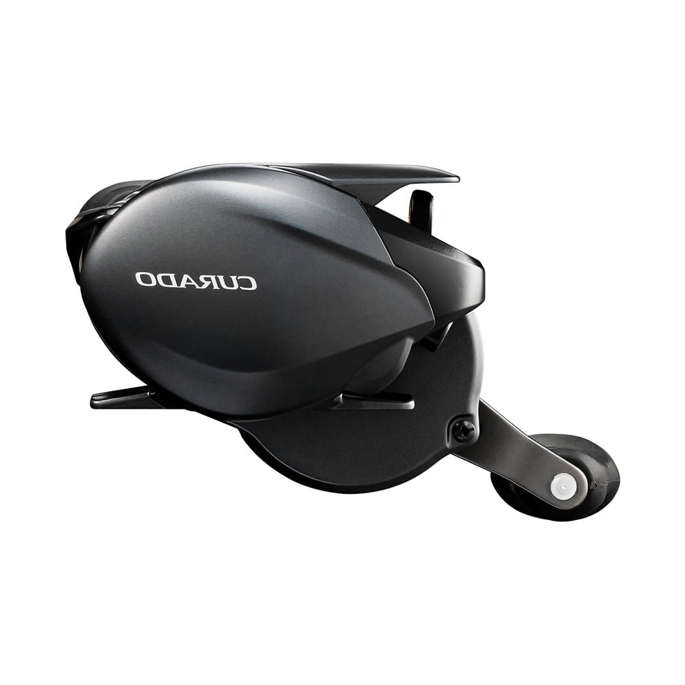 A Shimano Curado 301K 4.7:1 Left Hand Casting Reel (CU301K) is shown from the side, highlighting its sleek black design, HAGANE Body construction, and prominent Shimano branding.