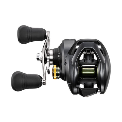 The Shimano Curado 301K 4.7:1 Left Hand Casting Reel by Shimano is shown from the side against a white background, featuring a black and silver design, two ergonomic handles, gold accent near the knob, and robust HAGANE Body.