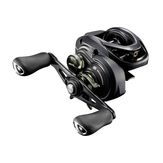 The Shimano Curado MGL 70XG Casting Reel, with dual handles and a sleek, modern design accented by vibrant green highlights, offers avid anglers style and functionality in an 8.1:1 low-profile setup.