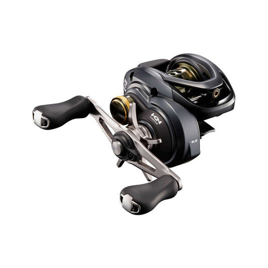 A close-up of the Shimano Curado BFS Casting Reel 8.2:1 (CUBFSXGR) in black and silver, featuring dual handles and Finesse Tune Brake technology, set against a plain white background.