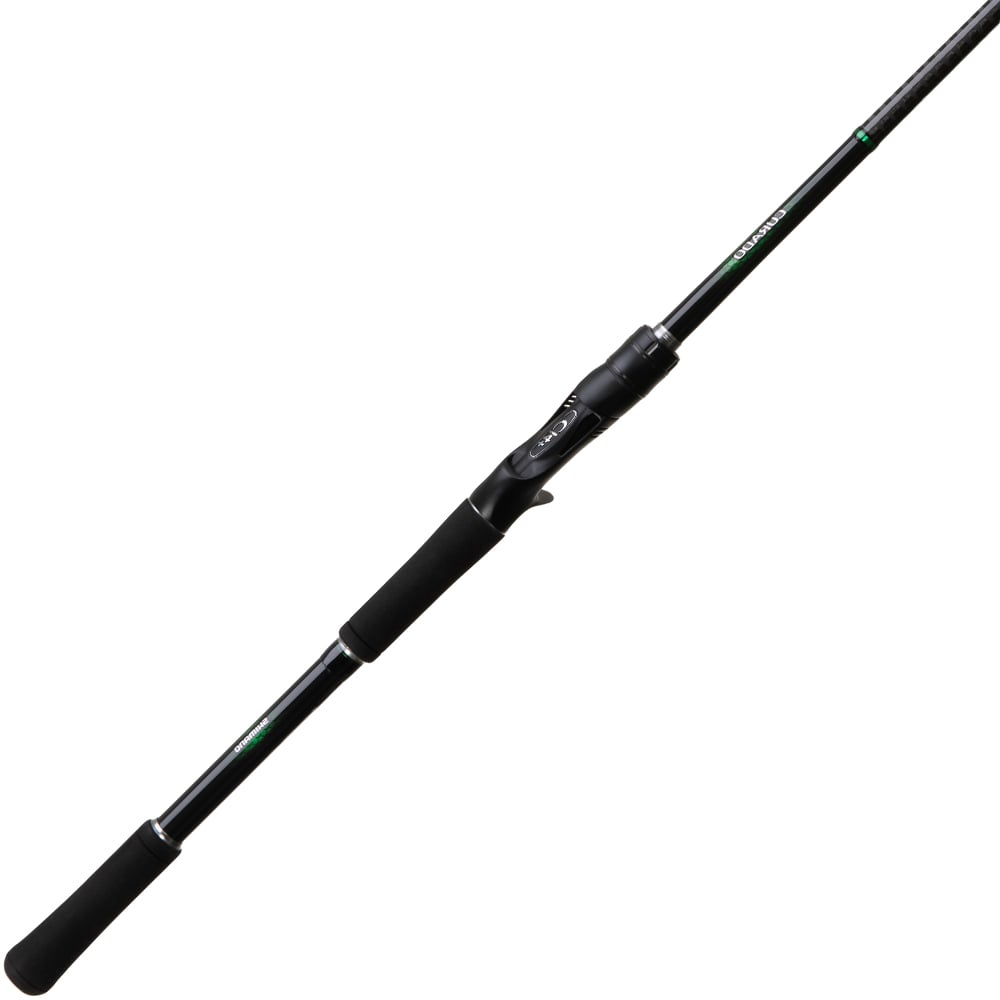 The Shimano Curado Casting Rod Glass 7'2" Medium Heavy | CDC72MHGA from americanlegacyfishing features a cushioned grip and reel seat with a sleek Fuji FazLite design. Enhanced by Hi-Power X technology, this black fishing rod is diagonally positioned against a white background.