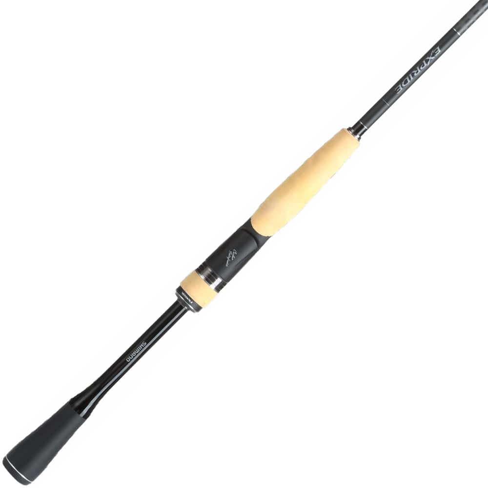 The Shimano Expride B Spinning Rod 7'0" Medium (EXS70MB) features Hi-Power X technology, a sleek black design with beige handles and metallic accents, standing out effortlessly against a white background.